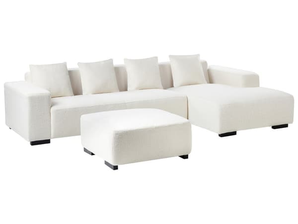 Venstre Hjørnesofa med Ottoman Hvit Boucle L-formet 4-seter med Kasteputer Moderne Design