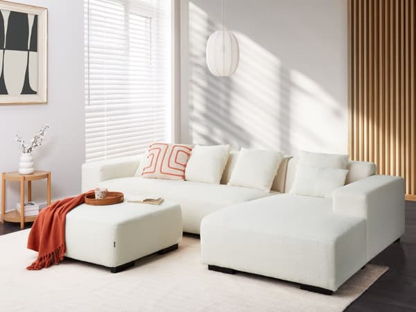 Venstre Hjørnesofa med Ottoman Hvit Boucle L-formet 4-seter med Kasteputer Moderne Design