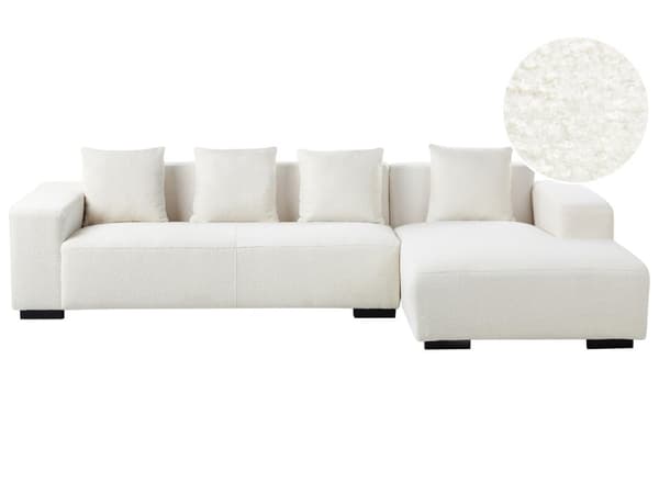Venstre Hjørnesofa Hvit Boucle L-formet 4-seter med Kasteputer Moderne Design