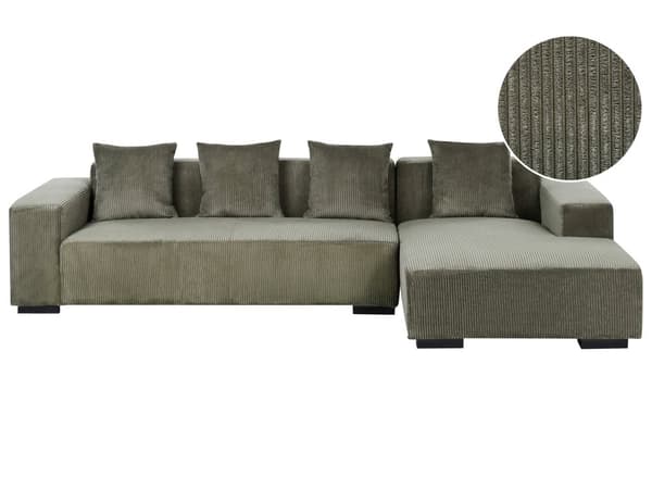 Venstrehånds Hjørnesofa Grønn Kordfløyel L-formet 4-seter Jumbo Cord med puter Moderne design