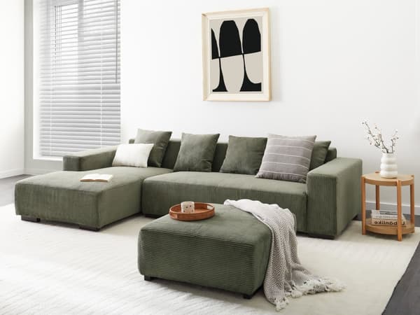 Høyre Hjørnesofa med Ottoman Grønn Kordfløyel L-formet 4-seter Jumbo Cord med Kasteputer Moderne Design