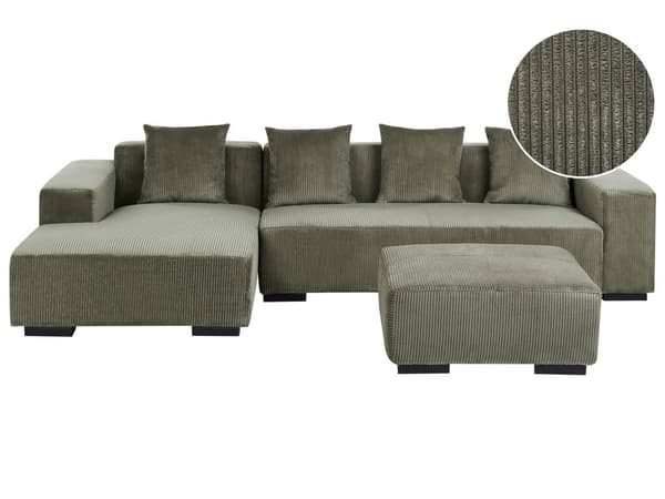 Høyre Hjørnesofa med Ottoman Grønn Kordfløyel L-formet 4-seter Jumbo Cord med Kasteputer Moderne Design