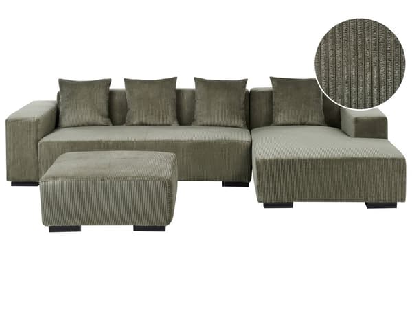 Venstre Hjørnesofa med Ottoman Grønn Kordfløyel L-formet 4-seter Jumbo Cord med Kasteputer Moderne Design
