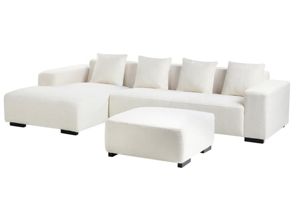 Høyre Hjørnesofa med Ottoman Hvit Boucle L-formet 4-seter med Kasteputer Moderne Design