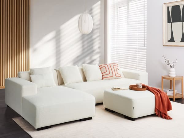 Høyre Hjørnesofa med Ottoman Hvit Boucle L-formet 4-seter med Kasteputer Moderne Design