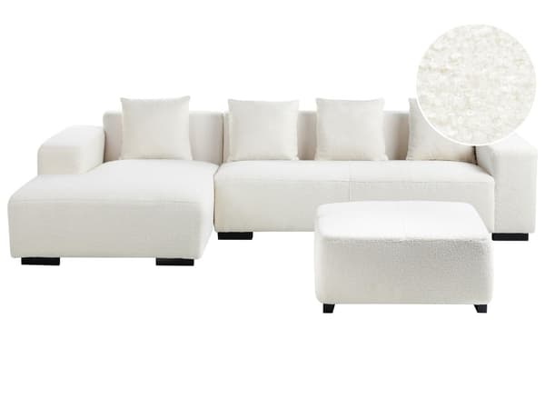 Høyre Hjørnesofa med Ottoman Hvit Boucle L-formet 4-seter med Kasteputer Moderne Design