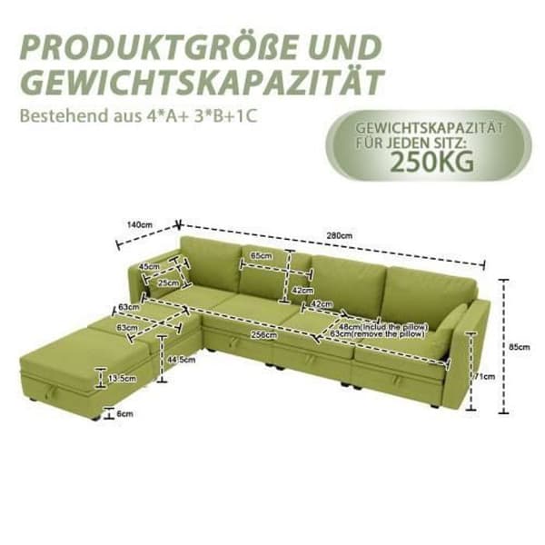 U-soffa - Ej specificerad - Konvertibel - Linne tyg - 5 platser - Olivgrön