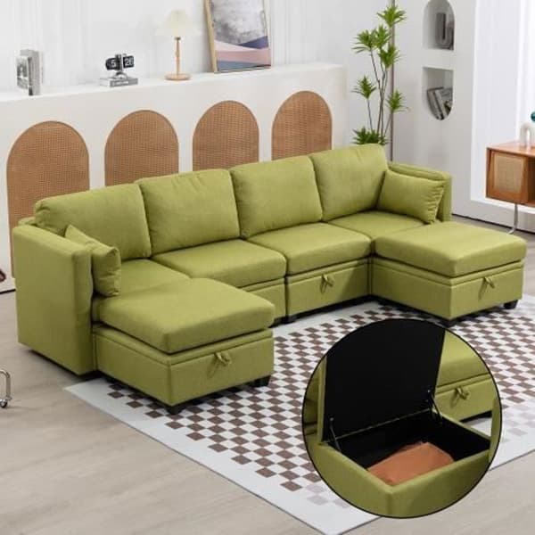 U-soffa - Ej specificerad - Konvertibel - Linne tyg - 5 platser - Olivgrön