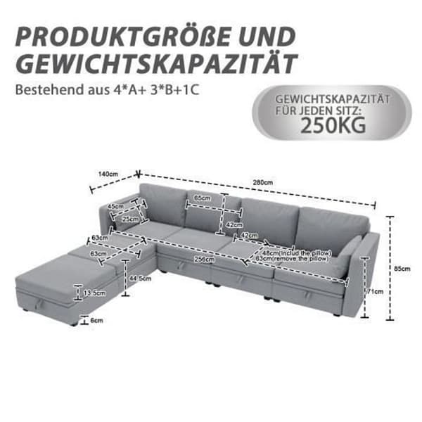 U-soffa - Ej specificerat - Konvertibel - Linne - 6 platser - Fällbara armstöd
