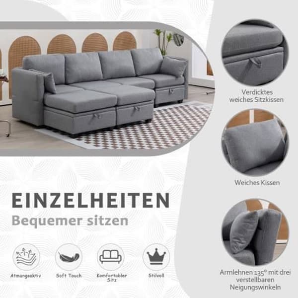 U-soffa - Ej specificerat - Konvertibel - Linne - 6 platser - Fällbara armstöd