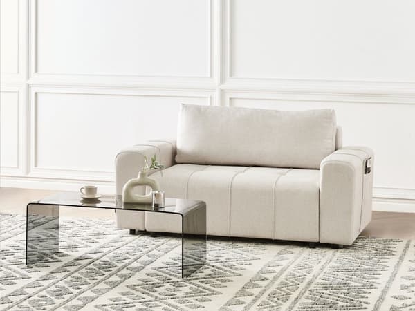 Sovesofa Beige Polyester 2 Personers Moderne Blød Sofa Sofaseng To Personers Designsofa Praktisk Splitback Stofsofa med Opbevaring