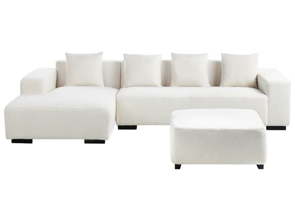 Hjørnesofa med Chaiselong Hvid Boucle 4 Personers Sofa L Formet Dyb Sofahjørne Siddemøbel Blød Stofsofa med Fodskammel Højrevendt