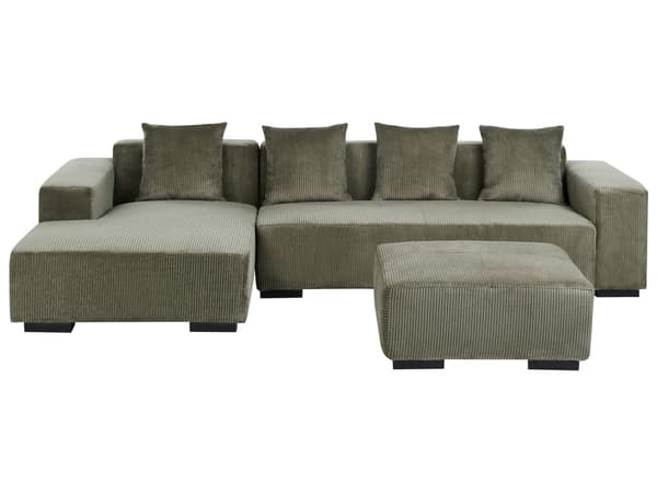 Hjørnesofa med Chaiselong Grøn Fløjl 4 Personers Sofa L Formet Dyb Sofahjørne Siddemøbel Blød Stofsofa med Fodskammel Højrevendt