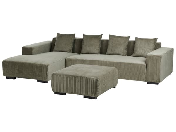 Hjørnesofa med Chaiselong Grøn Fløjl 4 Personers Sofa L Formet Dyb Sofahjørne Siddemøbel Blød Stofsofa med Fodskammel Højrevendt