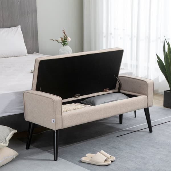 Rootz Bench Rinta 2 -in -1 - Storage Ottomaanien - Verhoiltu istuin - Optimaalinen mukavuus - 120 x 45 x 54 cm - ruskea liinavaatteet, puiset jalat