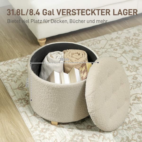Rootz rund pall med förvaring - fotpall - ottoman - rymlig 31,8L lagring - Ø45 x 41H cm - brun