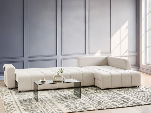 Sovesofa med Chaiselong Beige 4 Personers Sofa L Formet Dyb Sofaseng Siddemøbel Blød Stofsofa Design Hjørnesovesofa med Opbevaring
