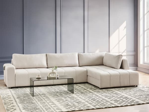 Sovesofa med Chaiselong Beige 4 Personers Sofa L Formet Dyb Sofaseng Siddemøbel Blød Stofsofa Design Hjørnesovesofa med Opbevaring