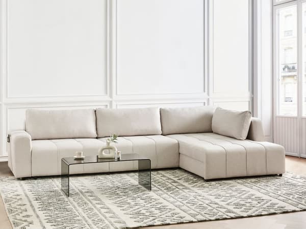 Sovesofa med Chaiselong Beige 4 Personers Sofa L Formet Dyb Sofaseng Siddemøbel Blød Stofsofa Design Hjørnesovesofa med Opbevaring