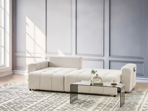 Sovesofa med Chaiselong Beige 3 Personers Sofa L Formet Dyb Sofaseng Siddemøbel Blød Stofsofa Design Hjørnesovesofa med Opbevaring