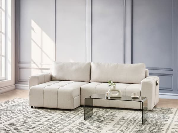 Sovesofa med Chaiselong Beige 3 Personers Sofa L Formet Dyb Sofaseng Siddemøbel Blød Stofsofa Design Hjørnesovesofa med Opbevaring