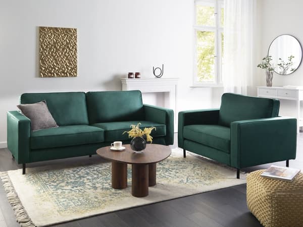Sofasett Mørkegrønn Fløyel Polyester 3 Seter Sofa Lenestol Retro Design Stue