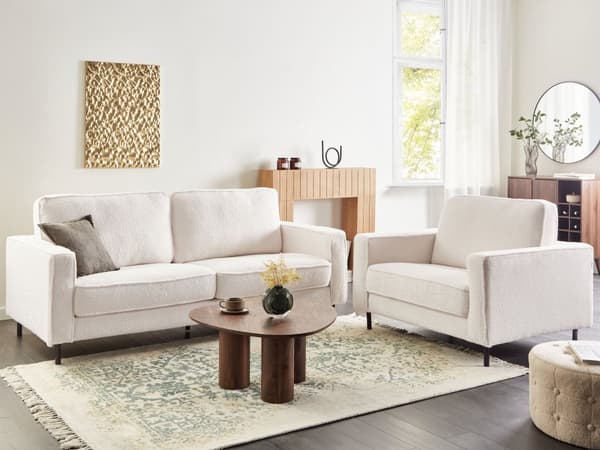 Sofasett Hvit Boucle Trekk 3-seters Sofa Lenestol Retro Stue Design