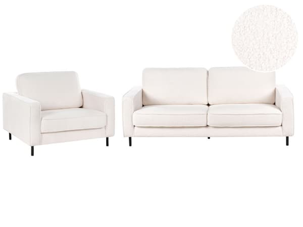 Sofasett Hvit Boucle Trekk 3-seters Sofa Lenestol Retro Stue Design