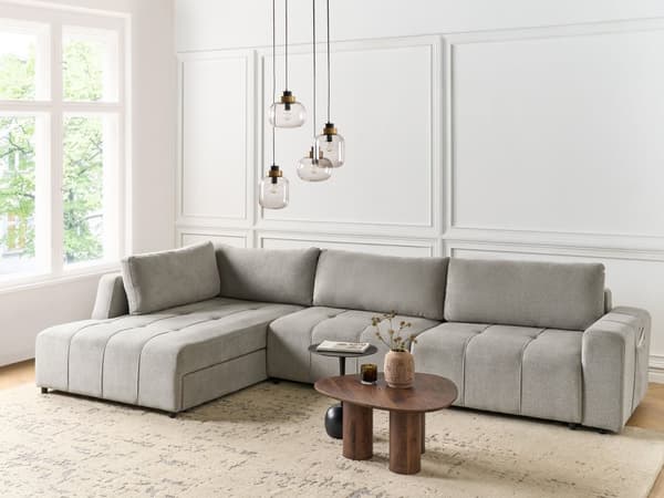 4 Hjørneseter Sovesofa Høyrehendt Lysegrå Stoffpolstring med Oppbevaring Tykt Polstret Moderne Stil Stue Møbler
