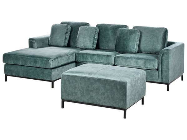 Hjørnesofa med Chaiselong Blågrøn Velour 4 Personers Sofa L Formet Dyb Sofahjørne med Fodskammel Siddemøbel Blød Stofsofa Højrevendt
