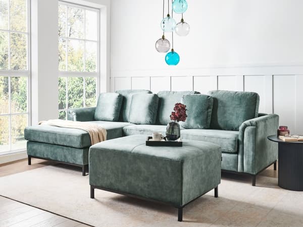 Hjørnesofa med Chaiselong Blågrøn Velour 4 Personers Sofa L Formet Dyb Sofahjørne med Fodskammel Siddemøbel Blød Stofsofa Højrevendt