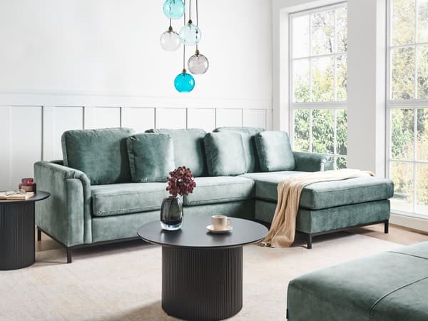 Hjørnesofa med Chaiselong Blågrøn Velour 4 Personers Sofa L Formet Dyb Sofahjørne Siddemøbel Blød Stofsofa Venstrevendt