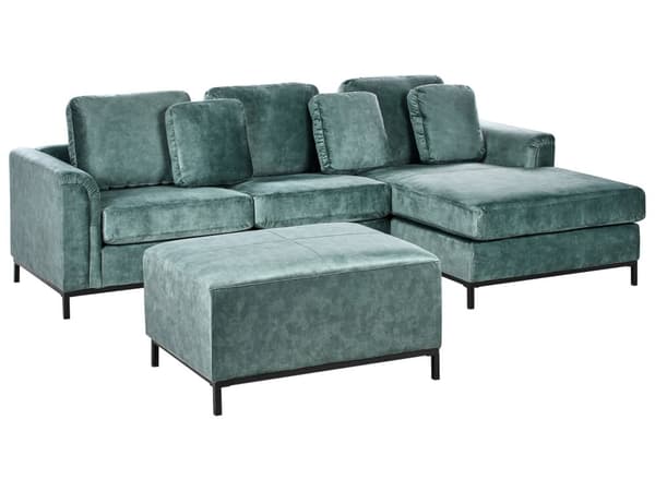 Hjørnesofa med Chaiselong Blågrøn Velour 4 Personers Sofa L Formet Dyb Sofahjørne med Fodskammel Siddemøbel Blød Stofsofa Venstrevendt