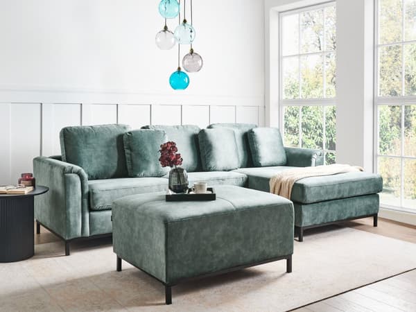Hjørnesofa med Chaiselong Blågrøn Velour 4 Personers Sofa L Formet Dyb Sofahjørne med Fodskammel Siddemøbel Blød Stofsofa Venstrevendt