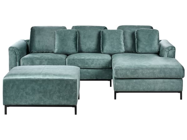 Hjørnesofa med Chaiselong Blågrøn Velour 4 Personers Sofa L Formet Dyb Sofahjørne med Fodskammel Siddemøbel Blød Stofsofa Venstrevendt
