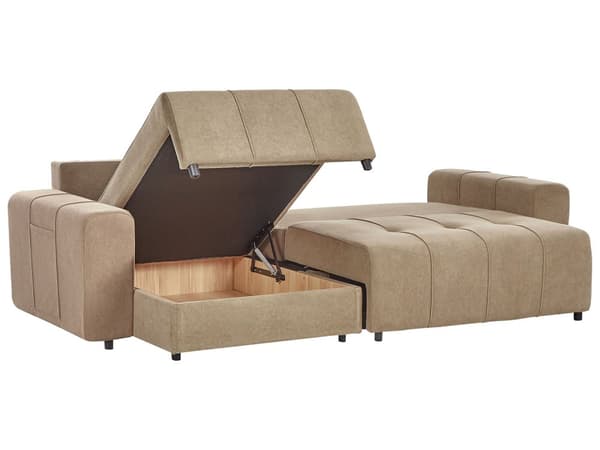 Sovesofa med Chaiselong Brun 3 Personers Sofa L Formet Dyb Sofaseng Siddemøbel Blød Stofsofa Design Hjørnesovesofa med Opbevaring