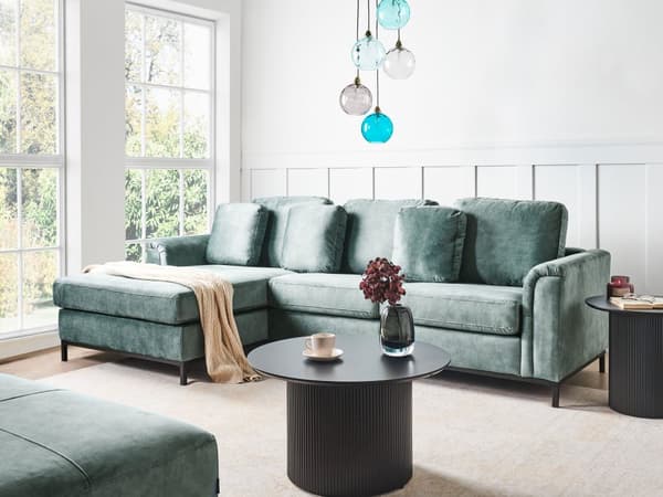 Hjørnesofa med Chaiselong Blågrøn Velour 4 Personers Sofa L Formet Dyb Sofahjørne Siddemøbel Blød Stofsofa Højrevendt