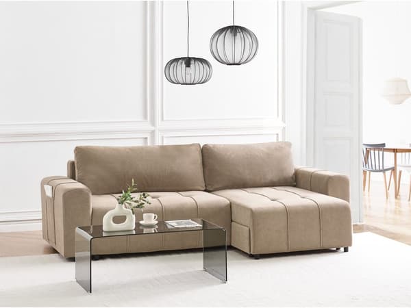 Sovesofa med Chaiselong Brun 3 Personers Sofa L Formet Dyb Sofaseng Siddemøbel Blød Stofsofa Design Hjørnesovesofa med Opbevaring