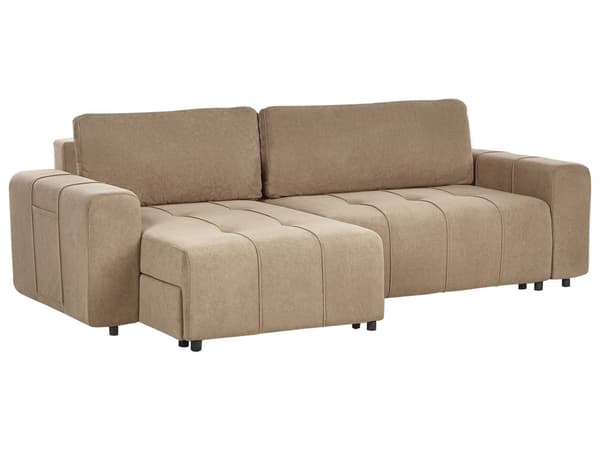 Hjørnesovesofa Brun Polyesterstoff 3-seter Høyrevendt Skjult oppbevaringsrom Tykt polstret Moderne stil Stue