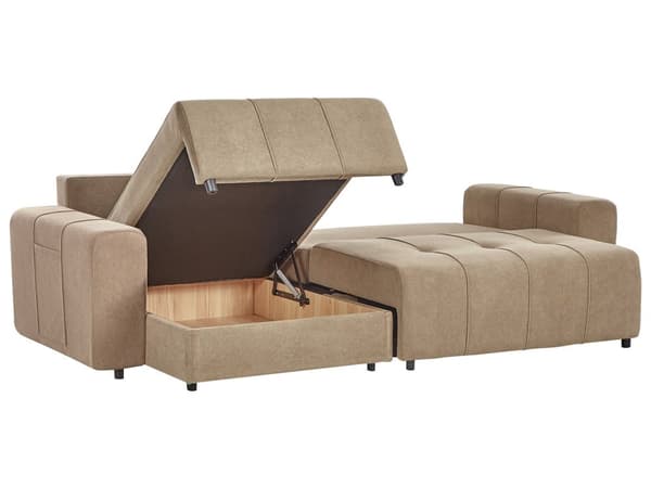 Hjørnesovesofa Brun Polyesterstoff 3-seter Høyrevendt Skjult oppbevaringsrom Tykt polstret Moderne stil Stue