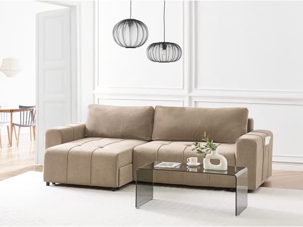 Hjørnesovesofa Brun Polyesterstoff 3-seter Høyrevendt Skjult oppbevaringsrom Tykt polstret Moderne stil Stue
