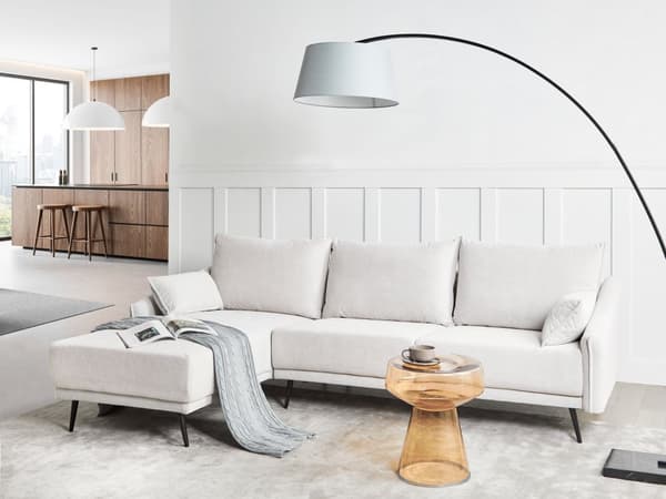 Hjørnesofa Off White Stoff Høyrehånds L-formet 3-seter med Sjeselongue Metallben Moderne Stue