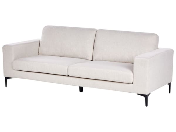 Sofa Lysebeige Polyester Stoff Polstret 3 Seter med Spor Arms Svarte Metall Ben Moderne Stue