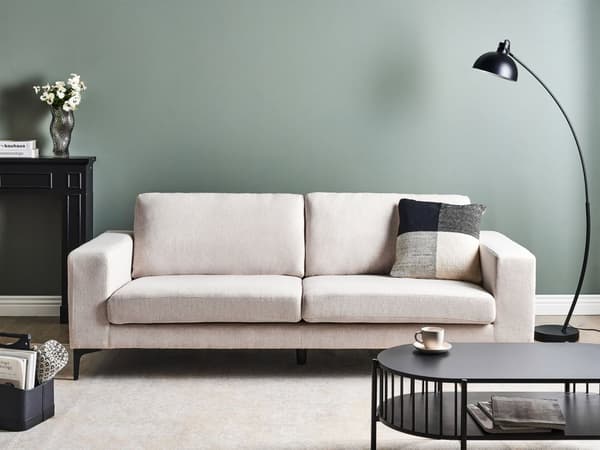 Sofa Lysebeige Polyester Stoff Polstret 3 Seter med Spor Arms Svarte Metall Ben Moderne Stue