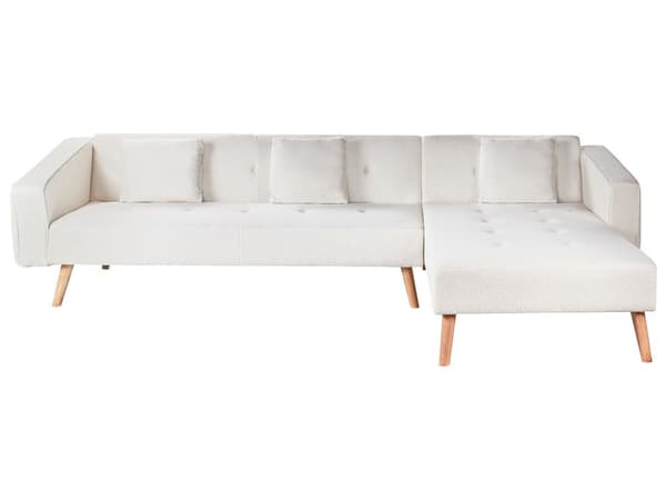 Hjørnesofa med 3 Puter Off White Boucle Polstring Lyse Treben Liggende Venstre Chaise Longue 4 Seter