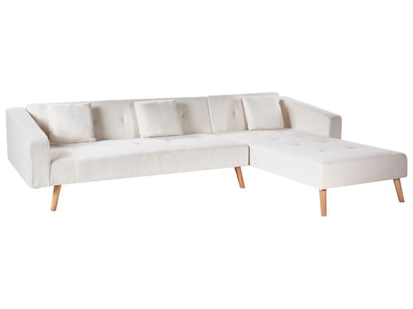 Hjørnesofa med 3 Puter Off White Boucle Polstring Lyse Treben Liggende Venstre Chaise Longue 4 Seter