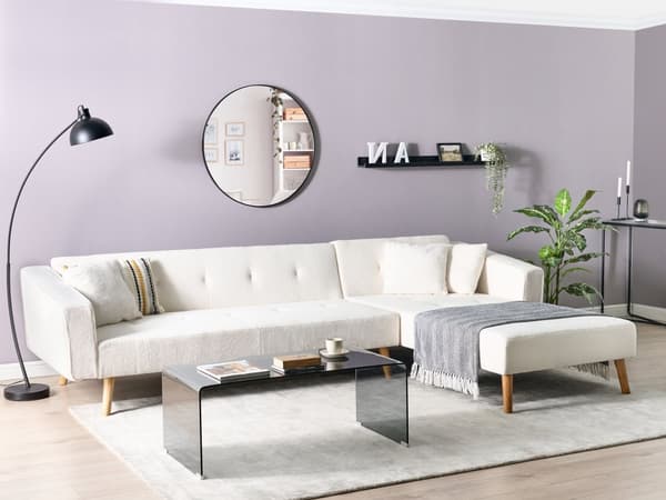 Hjørnesofa med 3 Puter Off White Boucle Polstring Lyse Treben Liggende Venstre Chaise Longue 4 Seter