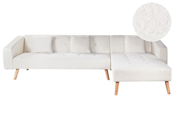 Hjørnesofa med 3 Puter Hvit Boucle Polstring Lyse Treben Liggende Venstre Chaise Longue 4 Seter