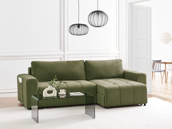 3-seters Hjørnesofa Grønn Stoffpolstring med Oppbevaring Tykt Polstret Moderne Stil Stue Møbler