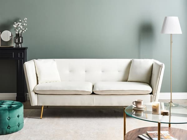 3-seters Sofa Hvit Fløyel Stofftrekk Knapptuftede med Ben i Gull